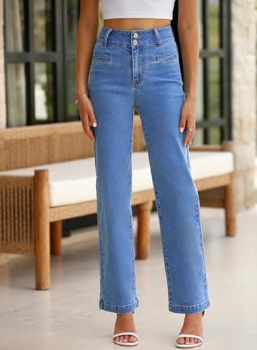 Sidefeel Women's Wide Leg Jeans High Waisted Straight Leg Stretchy Jeans Tummy Control Trendy Loose Ankle Denim Pants Sky Blue Size 12 - Image 3
