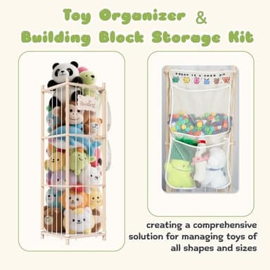 Stuffed Animal Storage & Organizer, 54 inch Tall Wooden Cute Zoo Toy Holder w/Building Block Storage Bag, Premium Wooden Material with Elastic Cord For Toddler Rooms, Playrooms & Bedrooms - Image 3