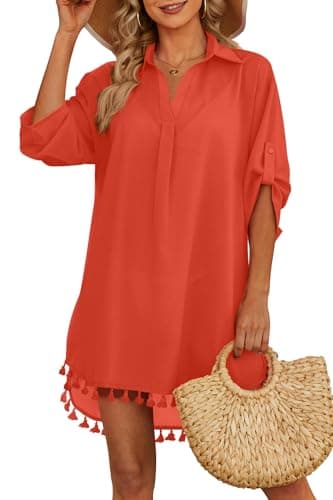 Yincro Women Swimsuit Cover Up Shirt 2025 Tassel Beach Bathing Suit for Swimwear Bikini Dress(Red, M) - Image 1