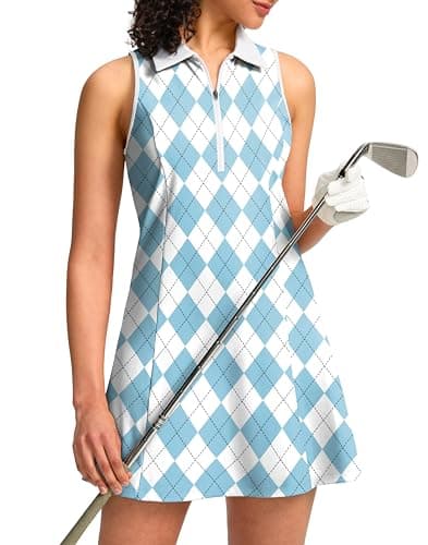 Soothfeel Golf Dress for Women Tennis Dresses with Shorts Pockets Sleeveless Sport Active Workout Athletic Dress (Blue_Plaid#White,M) - Image 1