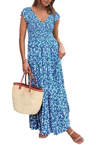 PRETTYGARDEN Women's Summer Flowy Maxi Dress Casual Cap Sleeve V Neck Smocked Beach Sundress (Print Blue,X-Large) - Image 1