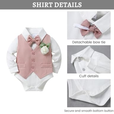 SANMIO Baby Boy Clothes Suits Infant Gentleman Outfit Collared Dress Shirt+Vest+Tie+Corsage+Pants 5Pcs Baby Suit Sets Pink - Image 5