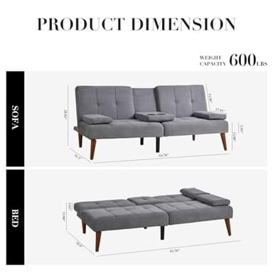 COLAMY Futon Sofa Bed-Fabric Small Couch, Small Lounge Convertible with 2 Cup Holders, Removable Soft Armrest, Adjustable Backrest for Dorm/Bedroom/College - Image 3