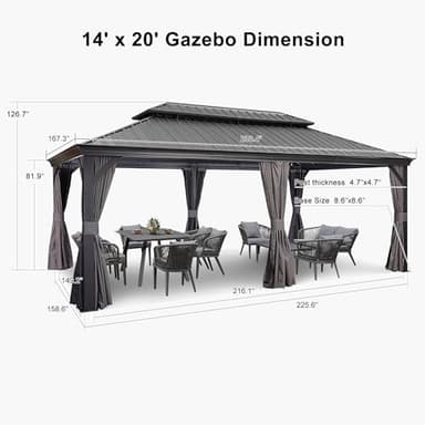 PURPLE LEAF 14' X 20' Outdoor Gazebo with Galvanized Steel Metal Roof Permanent Hardtop Gazebo for Patio Lawn and Garden Large Pavilion Grey - Image 9