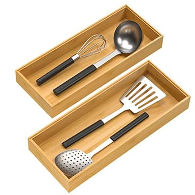 VeyFey Bamboo Drawer Organizer, Stackable Utensil Organizer for Kitchen, Bamboo Storage Box Wood Silverware Tray for Drawer 15" x 6" x 2" Set of 2 - Image 1