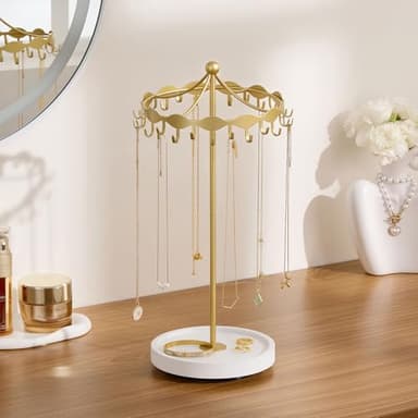 Lolalet Rotating Necklace Holder Stand with Metal Hooks, Spinning Display Carousels, Freestanding Organizer Hanger, for Long Necklaces Chains -Gold - Image 6