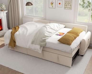 Ucloveria Sectional Sofa Couch, 87" Sleeper Sofa Bed with Reversible Storage Chaise Pull Out Couch for Living Room | Side Pocket | Charging Station | Removable Backrest | Linen Fabric, Beige - Image 4