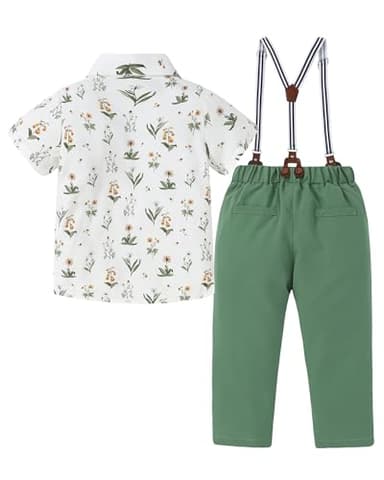 DISAUR Baby Boy Dress Clothes Printed Short Sleeve Shirt Grass Green Suspender Pants Boy Wedding Outfits 3t 4t 3-4t - Image 2