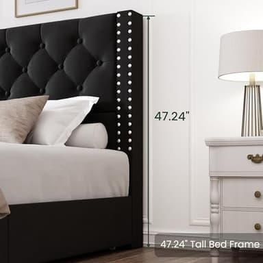 LARMACE Queen Size Platform Bed Frame with 4 Storage Drawers and Tufted Headboard Velvet Upholstered Bed Frame with Heavy Duty Wood Slats, No Box Spring Needed, Easy Assembly, Black - Image 9