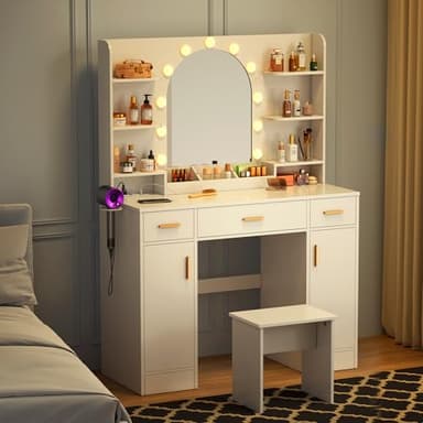 Decofy Vanity Desk with Mirror and 11 LED Lights, White Makeup Vanity Desk with Chair, Vanity Table Set, 5 Drawers 3 Lighting Modes & 5 Adjustable Brightness Dressing Table for Bedroom - Image 7