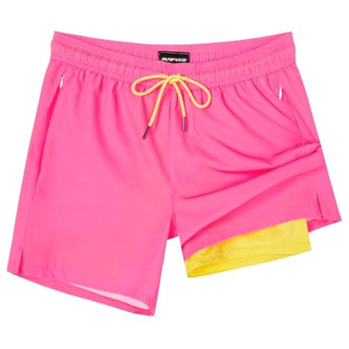 SURF CUZ Mens Swim Trunks with Compression Liner Mens Swimming Trunks 5 Inch Bathing Suit with Zipper Pockets Quick Dry Swim Shorts Pure Bright Pink Large - Image 1