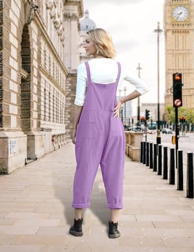 YESNO Women Long Casual Loose Bib Pants Overalls Baggy Rompers Jumpsuits with Pockets (2XL PV9 Light Purple) - Image 4