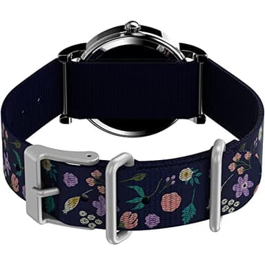 Timex Womens Watch Peanuts Weekender Casual Ladies Wristwatch - Featuring Snoopy and Woodstock in a Floral Motif, Silver-Tone Case with Blue Fabric Strap (31mm) - Image 4
