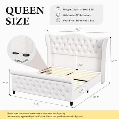 Queen Size Bed Frame-Upholstered Platform Chenille Sleigh Bed-51 inch Scroll Wingback Tall Headboard Footboard-Deep Button Tufted-Easily Assemble-Wood Slats Support-No Box Spring Required-Cream - Image 2