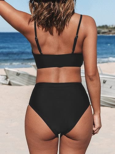 CUPSHE Women's Bikini Sets Two Piece Swimsuit High Waisted V Neck Twist Front Adjustable Spaghetti Straps Bathing Suit, S Black - Image 2