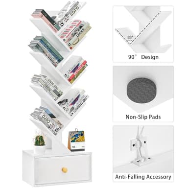 SHEEPAM 8 Tier Tree Bookshelf with Drawer, Free Standing Wood Bookcase for Living Room, Bedroom, Home Office, Space Saving Storage Organizer Bookshelves for Books, CDs, Vinyl Records- White - Image 7