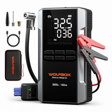 WOLFBOX 3000A Jump Starter with Air Compressor, 16000mAh&160PSI Portable Car Battery Jump Starter with 65W Fast Charge, 12V Battery Pack (8L Gas 6L Diesel Engine) with Boost, Light and Jumper Cables - Image 1