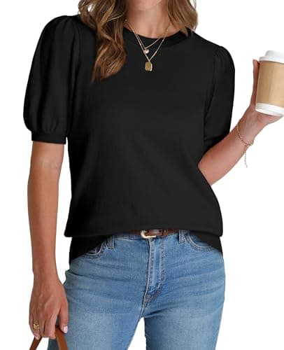 Short Sleeve Sweater for Women Trendy Womens Tops 2025 Spring Summer T Shirts Puff Sleeve Business Casual Outfits Work Clothes Petite Ladies Tops Dressy Casual Lightweight Fall Sweaters Black Small - Image 1