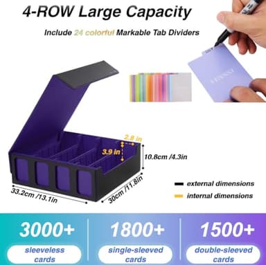 Venssu Card Storage Box for Trading Cards with Card Supporters, 3000+ MTG Deck Box with 24 Colorful Divider Tabs, Trading Card Storage with Viewing Windows Fits for Magic Game(Black and Purple) - Image 3