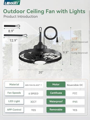 LEDIARY 20" Outdoor Ceiling Fan with Lights,IP65 Waterproof Gazebo Hanging Fan with Remote Control Smart App, Plug in Caged Ceiling Fan with 3CCT 6-Speeds for Patio Porch Pergola(Black) - Image 6
