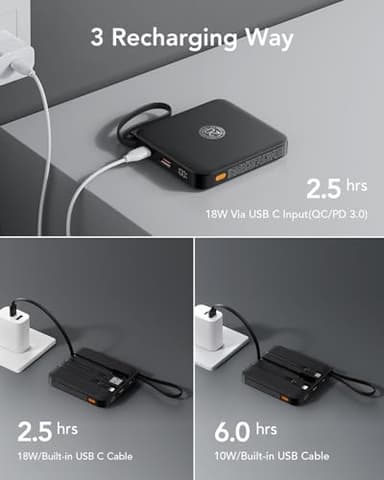 VRURC Portable Charger with Built-in Cable, 10000mAh 22.5W Fast Charging USB C Battery Pack, Cell Phone Power Bank for iPhone 16 15 14 Samsung Galaxy S25 S24 S23 Series Android Tablet, Black(1 Pack) - Image 4