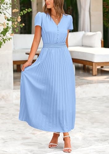 PRETTYGARDEN Women's Summer Maxi Dresses 2025 Trendy Casual Button V Neck Ruffle Cap Sleeve Long Flowy Pleated Dress (Light Blue,Small) - Image 6