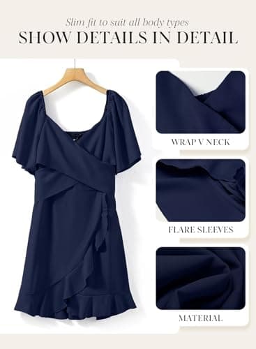 Dokotoo Womens Navy Blue Dresses Summer Wrap V Neck Short Sleeve Smocked Elastic Waist Tiered Belted Ruffle Hem Mini Dress Sexy Holiday Dresses for Women Graduation Dress L - Image 5