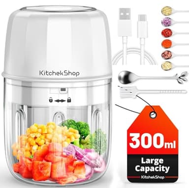 KitchekShop Electric Garlic Chopper, 300ML Portable Cordless Mini Food Processor, Rechargeable Vegetable Chopper Blender for Nuts Chili Onion Minced Meat and Spices BPA-Free(White) - Image 1