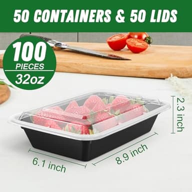 50 Pack (100-Piece) 32 oz Meal Prep Containers Reusable with Easy Open Lids, Sturdy Leakproof Food Safe, Microwave Freezer Dishwasher Safe, To Go Take Out Plastic Food Storage Pans with Lids, Black - Image 3