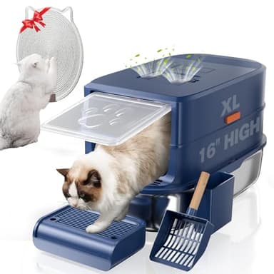 Stainless Steel Cat Litter Box with Lid - 3 in 1 Enclosed Cat Litter Box XL Extra Large Odor Control Covered Metal Litter Pan for Big Multiple Cats Includes Step, Scoop, Cats Scratcher Mat - Image 8