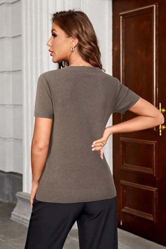 Arach&Cloz Sweater for Women 2025 Summer Fall Fashion Clothes V Neck Short Sleeve Summer Cute Tops Dressy Business Casual Trendy Teacher Outfits Cashmere Ladies Blouse Winter Shirts Coffee - Image 4