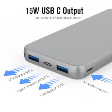 VANYUST Portable Charger, 10000mAh 5V/3A Power Bank, USB-C in&Out Fast Charging Battery Pack, External Powerbank Compatible with iPhone 16 15 14 13 12 Samsung S22 S21 Google iPad etc (Grey) - Image 2