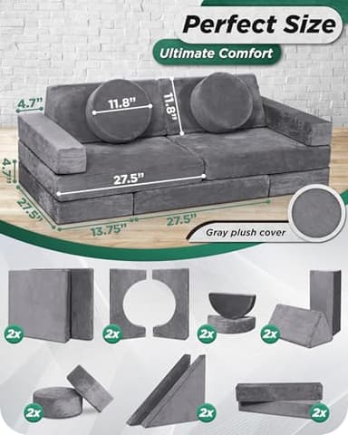Lunix LX15 14pcs Modular Kids Play Couch, Child Sectional Sofa, Fortplay Bedroom and Playroom Furniture for Toddlers, Convertible Foam and Floor Cushion for Boys and Girls, Steel Gray - Image 2