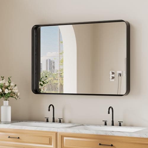 Koonmi Black Wall Mirror for Bathroom, 24x36 Inch Matte Deep Framed Rounded Rectangle Vanity Mirror for Farmhouse Living Room, Tempered Glass, Anti-Rust, Vertically or Horizontally - Image 1