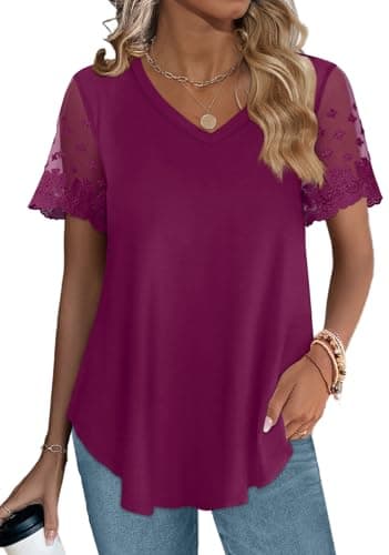 OFEEFAN Summer Outfits for Women Dressy Casual Tops Loose Fit Short Sleeve Shirts Mauve XL - Image 3