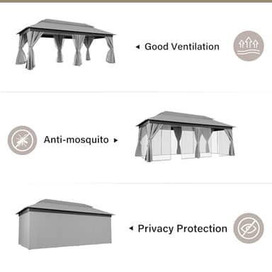 LAUSAINT HOME Outdoor Patio Gazebo 10'x20' with Expansion Bolts, Heavy Duty Party Tent & Shelter with Double Roofs, Mosquito Nettings and Privacy Screens for Backyard, Garden, Lawn, Smoke Grey - Image 9