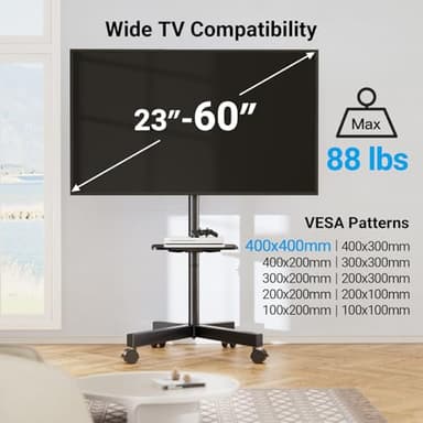 PERLESMITH Mobile TV Stand for 23-60 Inch LCD LED Flat/Curved Screen TVs, Tilt TV Cart Holds up to 88Lbs, Portable TV Stand with Laptop Shelf, Rolling TV Floor Stand Max VESA 400x400mm (PSTVMC06) - Image 5