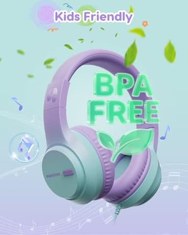 Kids Headphones with Cord for School, 74/85/94dB Volume Limit, Wired Over-Ear Headphones for Kids Boys Girls, Stereo Sound 3.5mm Jack for Tablet, Kindle, YOTO Player, Airplane Travel, Purple Green - Image 5