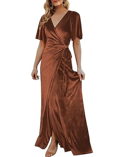 CYiNu Women's Wrap Velvet Maxi Dress V Neck Bell Sleeve Split Elegant Cocktail Party Dress(Brown,L) - Image 1
