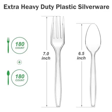 Dealusy 360 Count Extra Heavy Duty Clear Plastic Forks and Spoons, 180 Forks & 180 Spoons, Heat Resistant, Disposable Plastic Silverware Set - Image 3