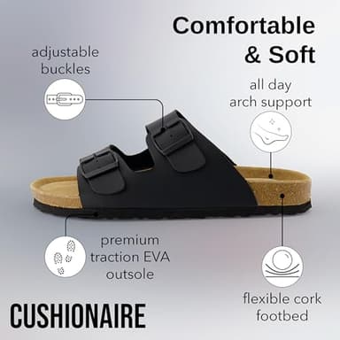 CUSHIONAIRE Lane Cork Footbed Mens Sandals, Adjustable Buckle Comfort Slides for Men, Genuine Leather Insole Summer Sandals Men Footwear, BLACK 9 - Image 5
