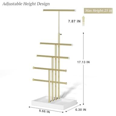 Love-KANKEI Jewelry Organizer Stand,5 Tier Large Necklace Holder with Wood Base,Jewelry holder stand Tree for Display,Bracelets Earrings Rings,Height Adjustable Gift White and Gold - Image 3