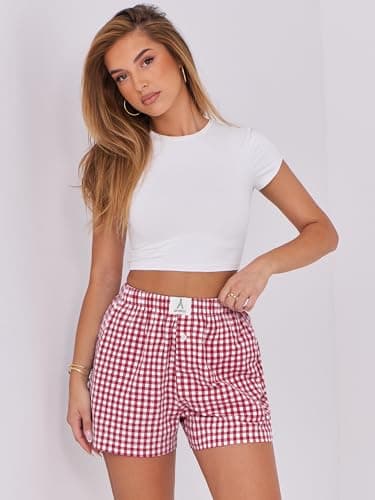 ANRABESS Boxer Shorts for Women Gingham Pajama 2025 Summer Casual Lounge Sleep Plaid Shorts Y2K Beach Bottoms Red White Plaid X-Large - Image 6