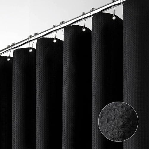Dynamene Black Fabric Shower Curtain - Waffle Textured Heavy Duty Cloth Curtains for Bathroom, 256GSM Hotel Spa Luxury Weighted Polyester Bath Curtain Set with 12 Plastic Hooks(72Wx72H, Black) - Image 1