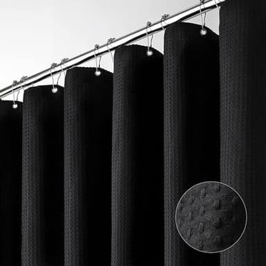 Dynamene Black Fabric Shower Curtain - Waffle Textured Heavy Duty Cloth Curtains for Bathroom, 256GSM Hotel Spa Luxury Weighted Polyester Bath Curtain Set with 12 Plastic Hooks(72Wx72H, Black) - Image 1