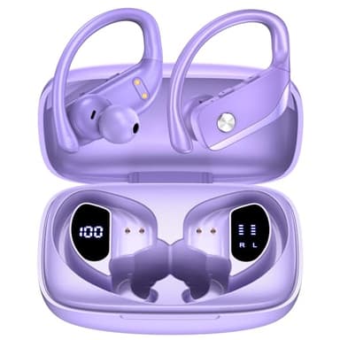 bmanl Wireless Earbuds Bluetooth Headphones 48hrs Play Back Sport Earphones with LED Display Over-Ear Buds with Earhooks Built-in Mic Headset for Workout Purple - Image 1