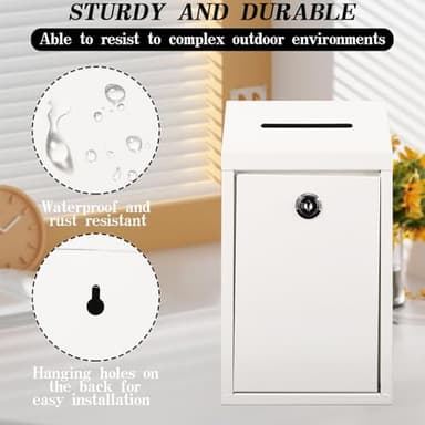 Metal Donation Box with Lock Ballot Box Drop Box with Lock Suggestion Box with Slot and Locks Metal Locks Boxs Comment Box Voting Box Key Drop Box for Home Office(White,10.24 x 5.71 x 2.95 Inch) - Image 4