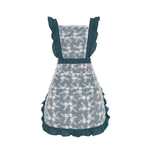 Pinknoke Vintage Pinafore Apron Dress for Women with Pockets Cute Floral Chef Aprons for Kitchen Cooking Baking Gardening (Ocean Blue) - Image 1