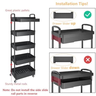 Calmootey 5-Tier Rolling Utility Cart with Drawer,Multifunctional Storage Organizer with Plastic Shelf & Metal Wheels,Storage Cart for Kitchen,Bathroom,Living Room,Office,Black - Image 6