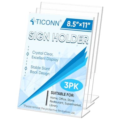 TICONN 8.5 x 11 Acrylic Sign Holder, L Shape Clear Sign Stand for Displaying, Plastic Paper Holder for Office, Store, Restaurant (Vertical 3 Pack) - Image 1